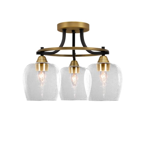 Unbranded Madison 15.5 in. 3-Light Matte Black and Brass Semi-Flush Mount with Clear Bubble Glass Shade