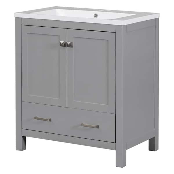 30 in. W x 18 in. D x 34 in. H Single Sink Freestanding Bath Vanity in Gray with White Ceramic Top, Versatile Storage