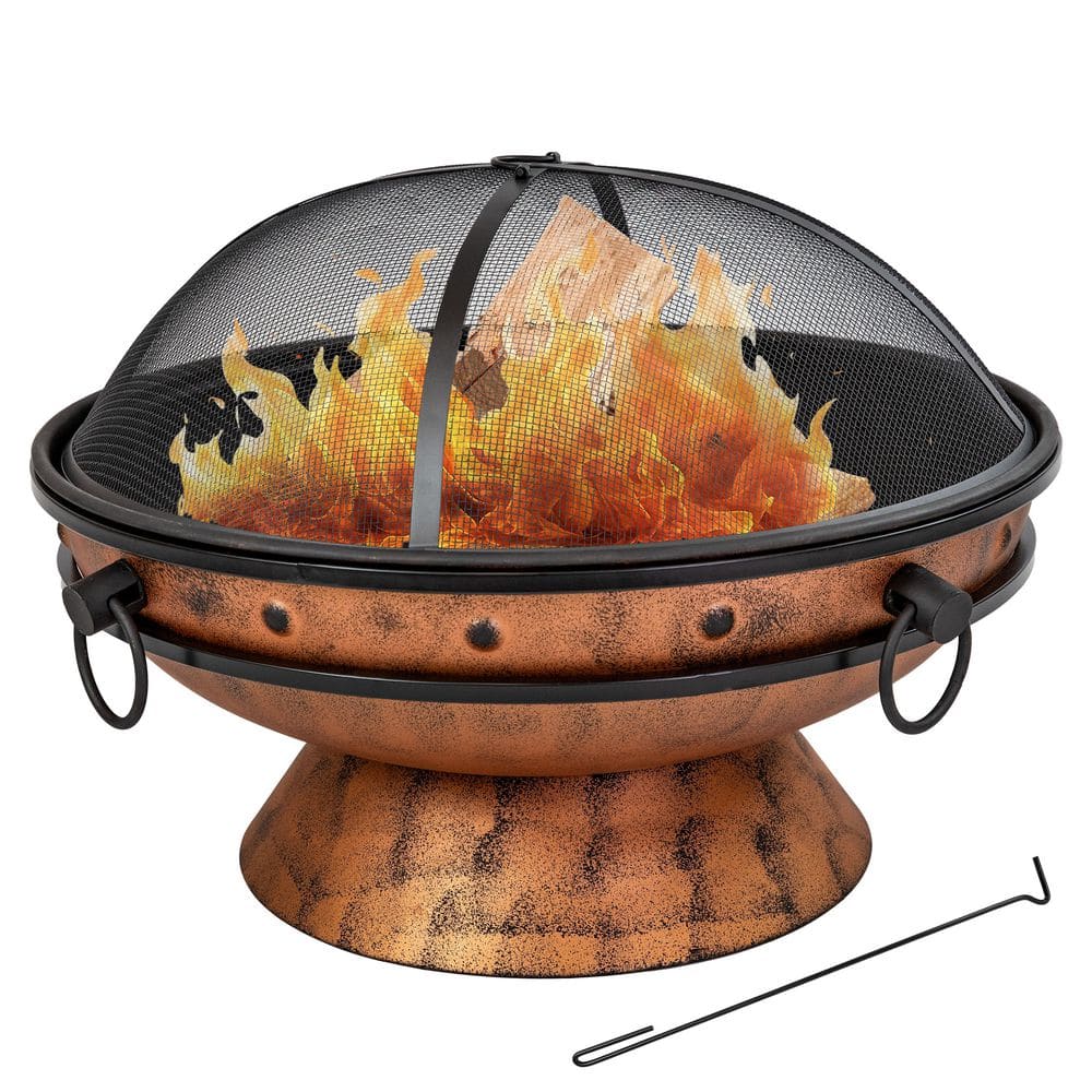 Copper Finish 30-Inch Round Wood-Burning Fire Pit with Handles