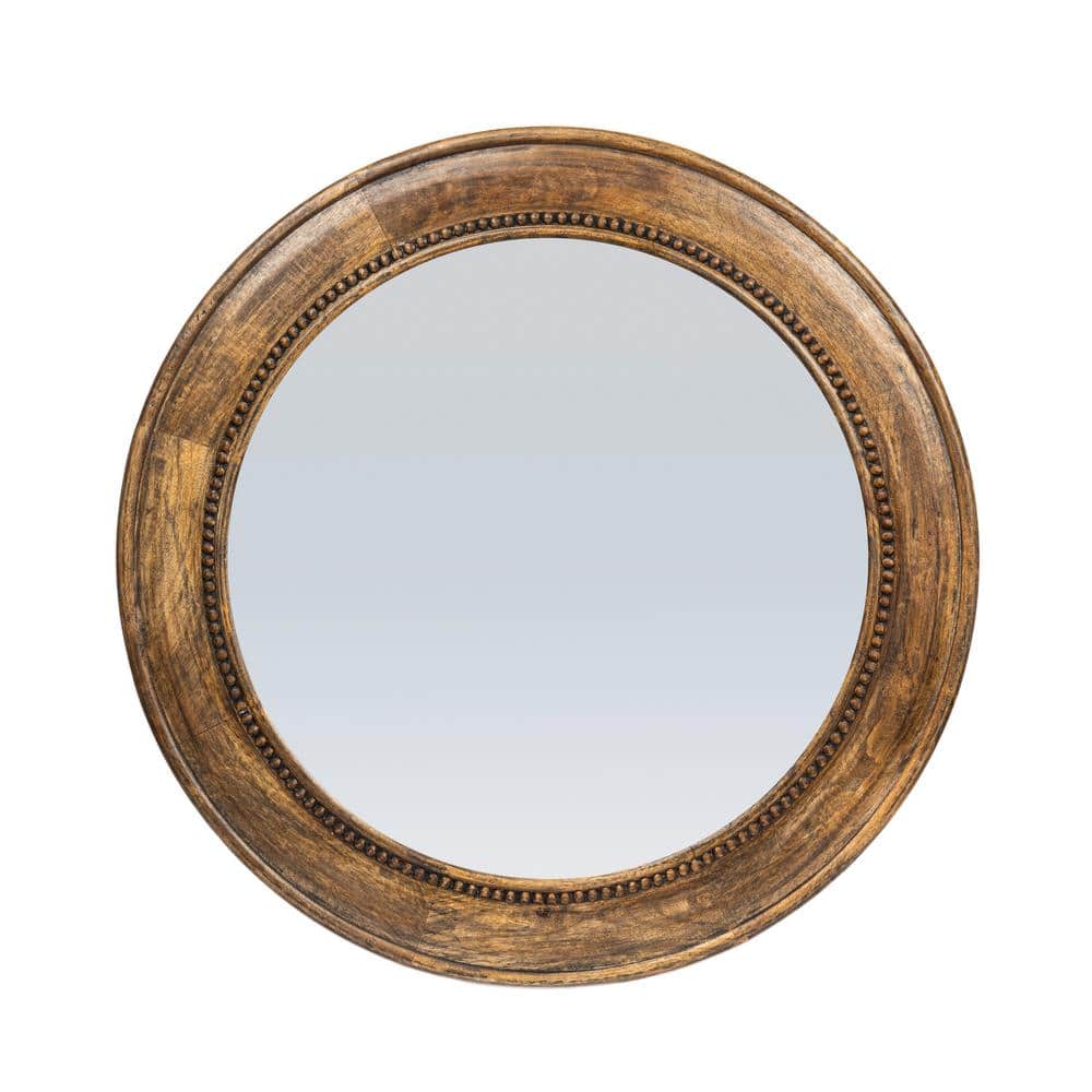 Walnut Round Carved Wood Framed Wall Mirror with Hobnail Detail