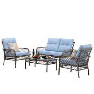 Grey 4-Piece Hollow Metal Patio Conversation Set with 1 Loveseat, 2 Single Sofas, 1 Coffee Table and Blue Thick Cushions
