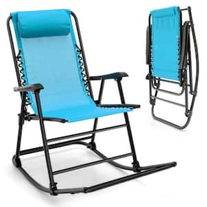 Metal Outdoor Rocking Chair Patio Camping Lightweight Folding Chair in Navy with Footrest