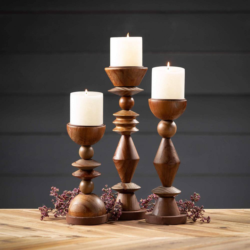 Retro Wood Geometric Candlestick Holder Set of 3