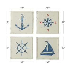 Metal Cream Speckled Sail Boat Wall Decor with Anchor, Compass, and Ship Wheel (Set of 4)