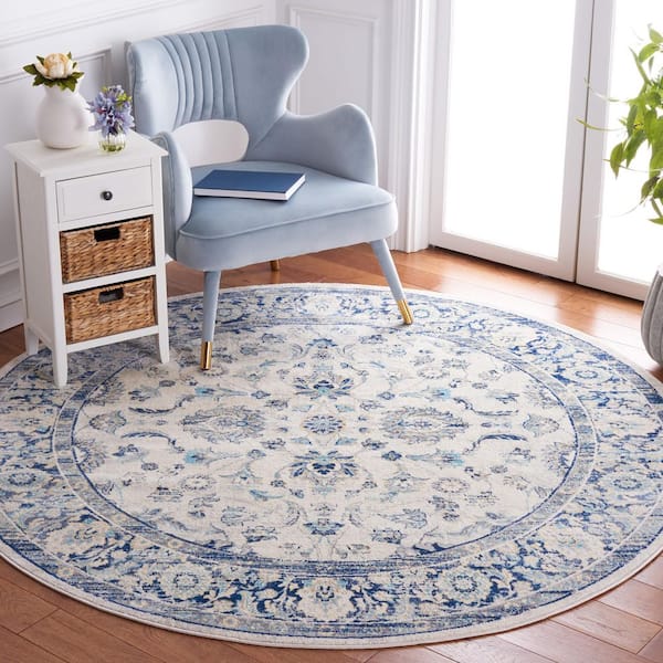 Brentwood 7 ft. x 7 ft. Blue/Light Gray Oriental Floral Ornate Round Area Rug