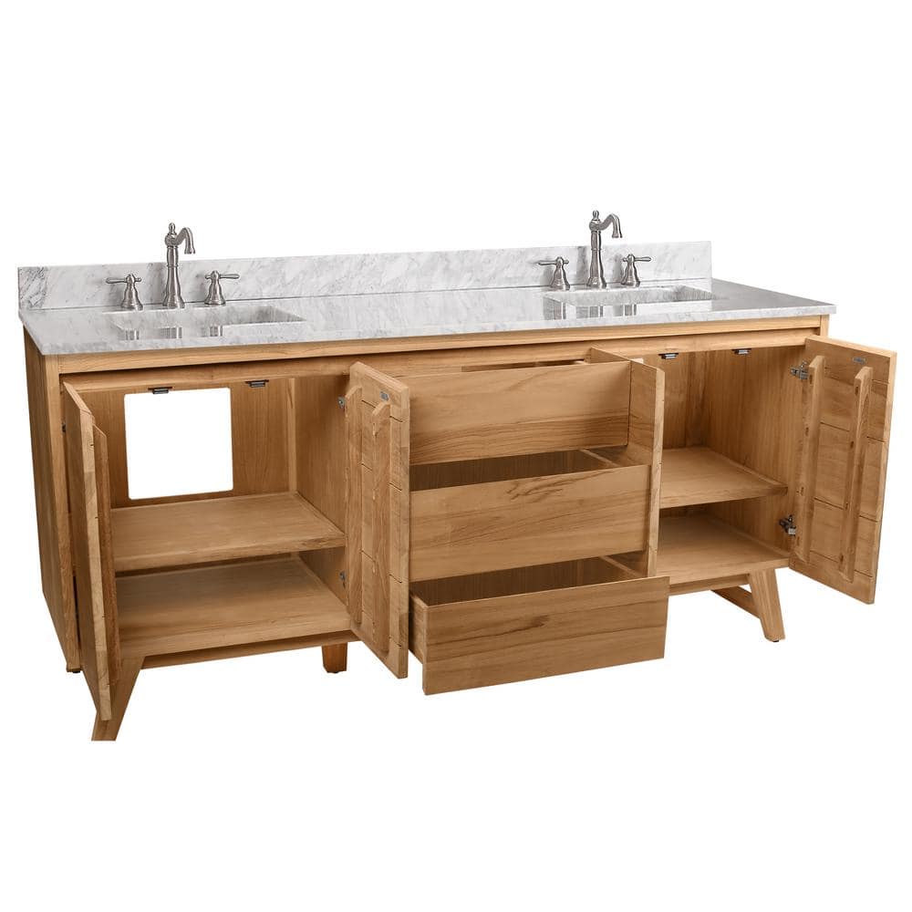 Natural Teak Double Bathroom Vanity with Marble Top