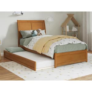 Andorra Light Toffee Natural Bronze Solid Wood Frame Twin Platform Bed with Panel Footboard and Twin Trundle