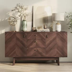 Scandi Black Particle board 59 in. Sideboard in Herringbone Style with 3-Drawers and Wooden Legs
