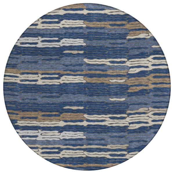 Chantille Machine Washable Indoor/Outdoor Abstract ACN3114 Navy 8 ft. x 8 ft. Round Rug