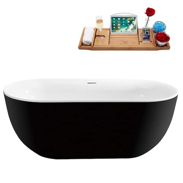 Streamline 59 in. x 28 in. Acrylic Freestanding Soaking Bathtub in Glossy White with Brushed Brass Drain