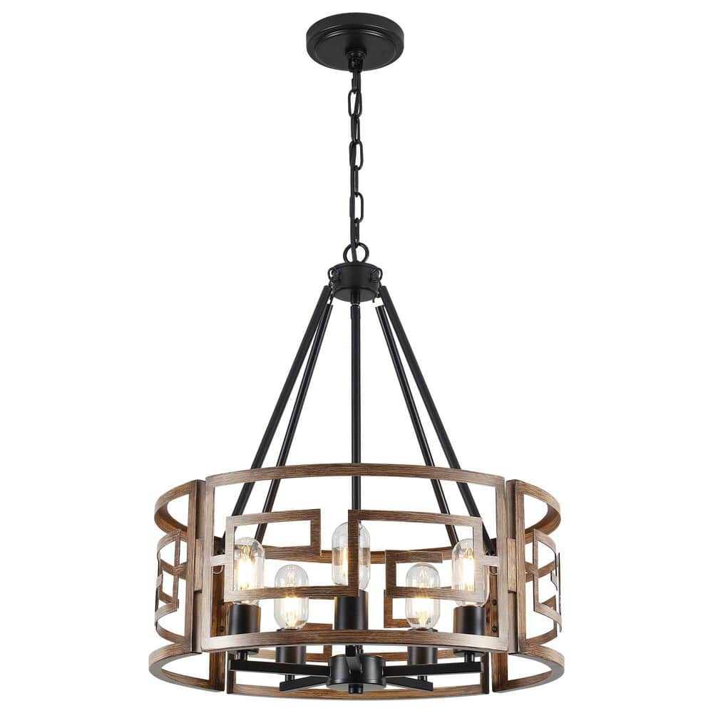 5-Light Black & Imitation Wood Grain Modern Drum Pendant Light Adjustable Height Round Chandelier for Living Room price history on PriceWatchPro