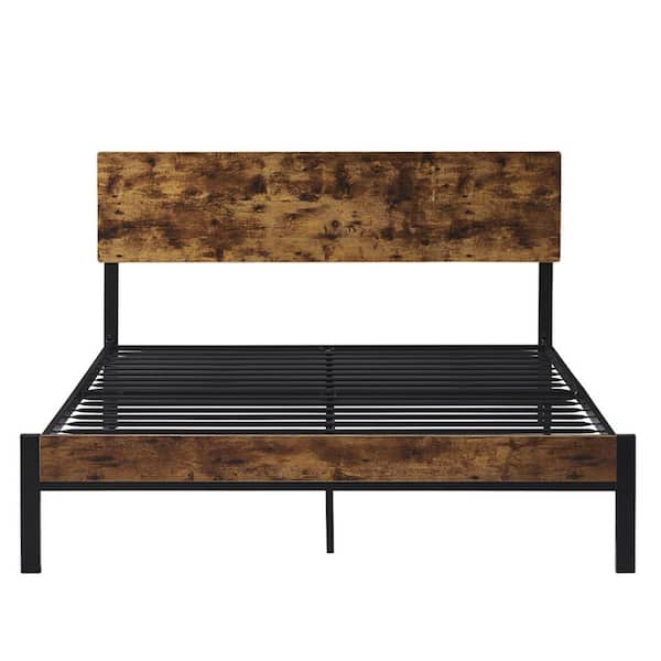 Huluwat Dark Brown Queen Size Metal, Metal Platform Bed Frame With Wood Headboard