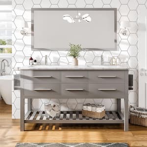 Natalie 61.25 in. W x 22 in. D x 33.75 in. H Bathroom Vanity in Gray with White Carrara Marble Top with White Sink