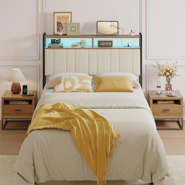 Beige Full Linen Upholstered Storage Headboard LED Headboard with Charging Station