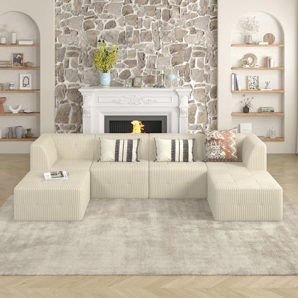 32.1 in. Armless Corduroy Modular Comfy Compressed Sofa in White