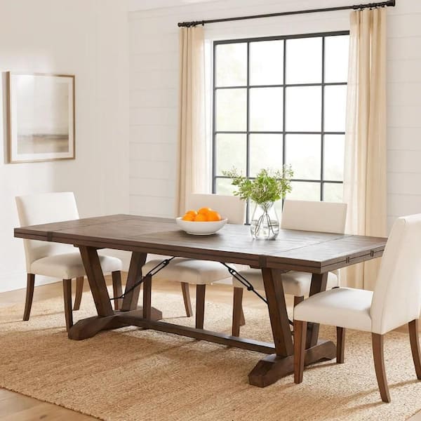 Yael Modern and Contemporary Natural Brown and Black Wood 30 in. Trestle Base Dining Table Seats 8