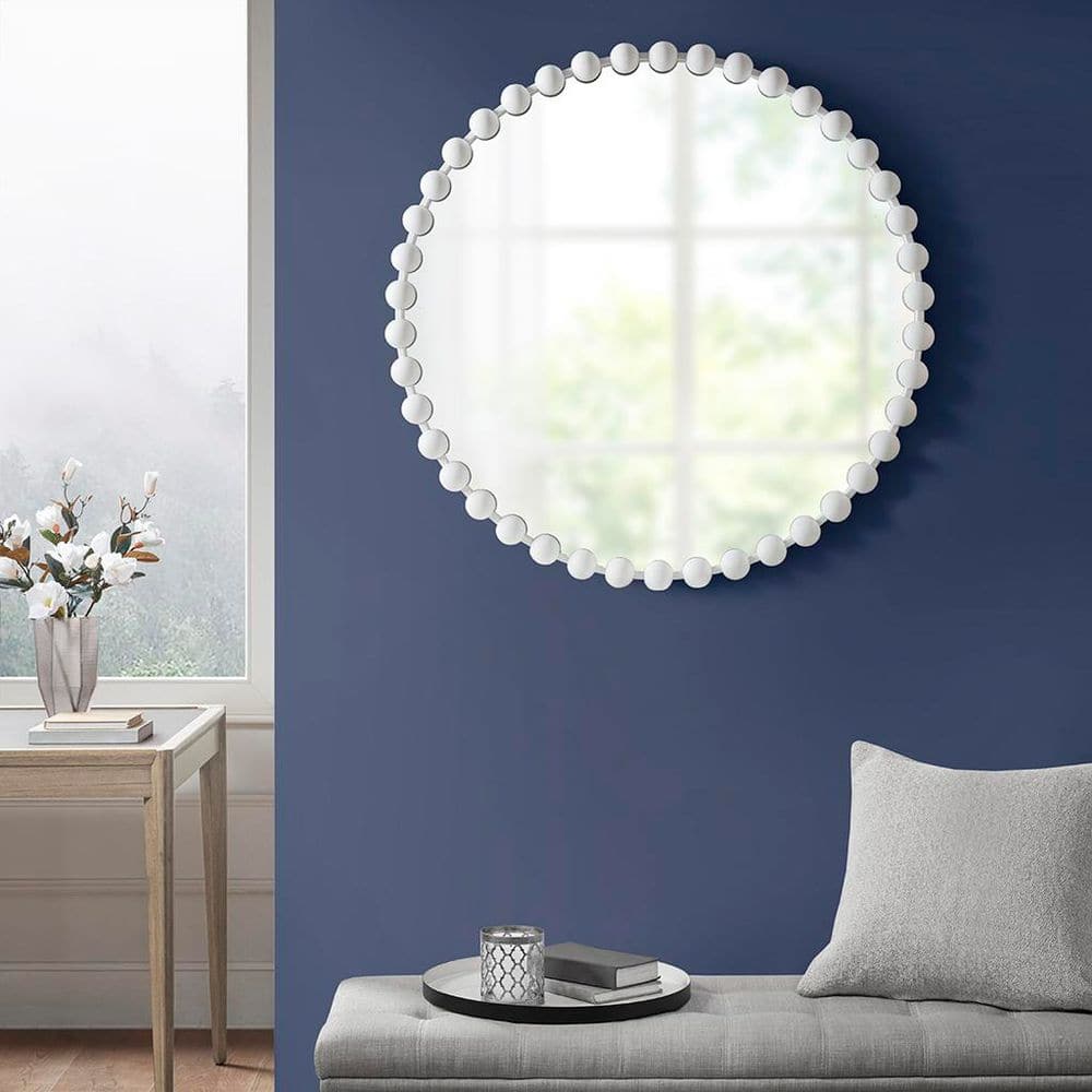 White 36 in. W x 36 in. H Beaded Round Wall Mirror Framde Metal Accent Mirror Ornate Bathroom/Vanity Mirror Wall Decor
