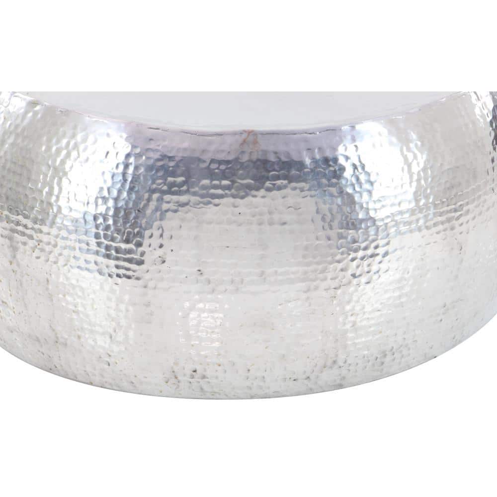 Silver Drum Shaped Metal Coffee Table with Lift-Top Storage
