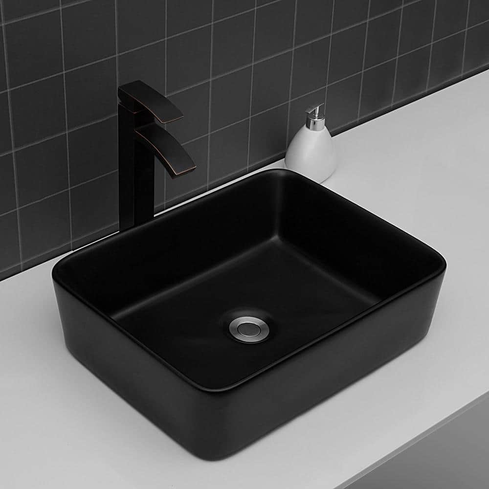 19 in. L x 15 in. W Black Ceramic Rectangular Bathroom Vessel Sink JIN