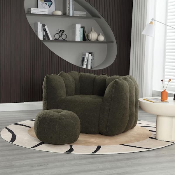 Olive Green Chenille Polyester Soft Bean Bag Chair with High Resilient Foam for Living Room and Bedroom