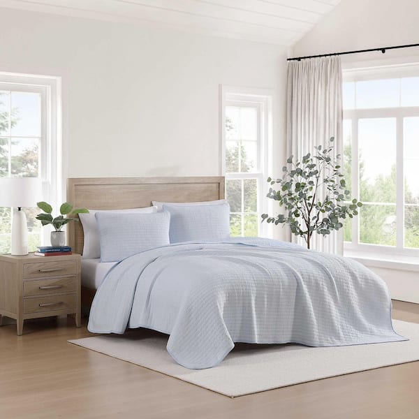 Ithaca Stripe 3 Piece White/Blue Cotton King Quilt Set