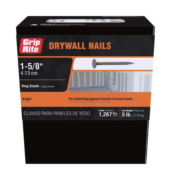 Grip-Rite 1-5/8 in. x 12-1/2-Gauge Bright Steel Ring Shank Drywall Nails 5 lb. Box