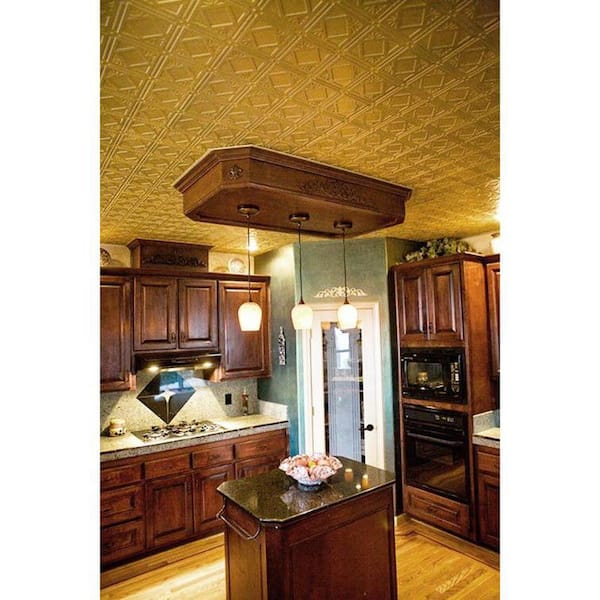 Global Specialty Products Dimensions Faux 2 ft. x 4 ft. Tin Style Ceiling and Wall Tiles in Brass