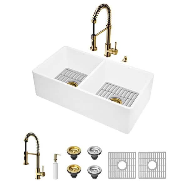 VIGO Matte Stone 33" Double Bowl Farmhouse Apron Front Undermount Kitchen Sink with Faucet in Matte Gold and Accessories