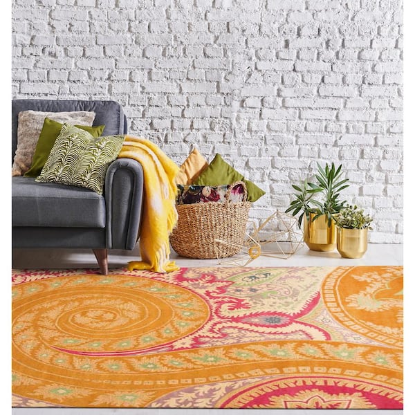 EORC Paisley Orange 7 ft. 9 in. Round Hand-Tufted Wool Transitional Area Rug