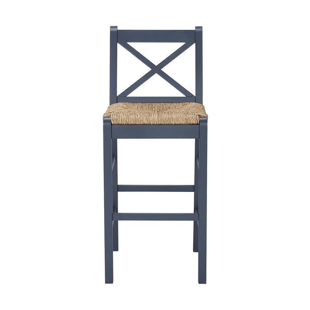 Home Decorators Collection Dorsey Midnight Blue Wood Bar Stool with Back and Rush Seat (17.72 in. W x 44.49 in. H), Beige/Midnight Blue
