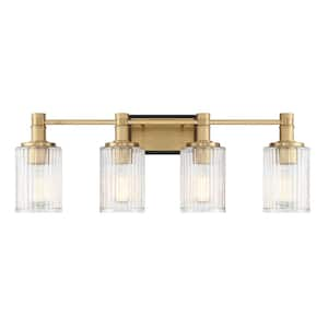 Concord 30.75 in. 4-Light Matte Black with Warm Brass Vanity Light with Ribbed Glass Shades