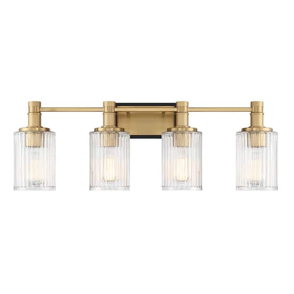 Savoy House Concord 30.75 in. 4-Light Matte Black with Warm Brass Vanity Light with Ribbed Glass Shades