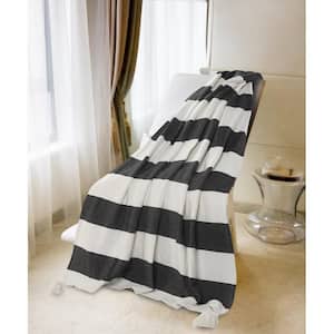 Metty Charcoal / Ivory Bold Striped Tasseled Cotton Throw Blanket
