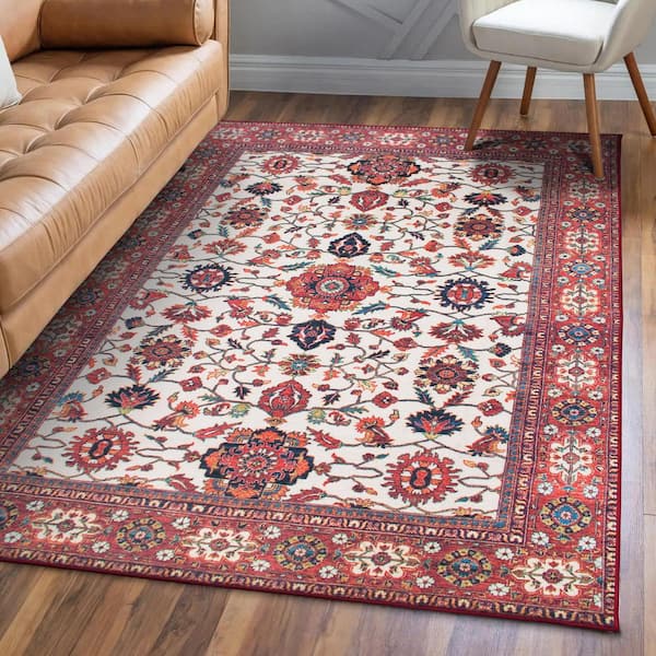 Ramage Maroon 5 ft. x 7 ft. Medallion Washable Area Rug
