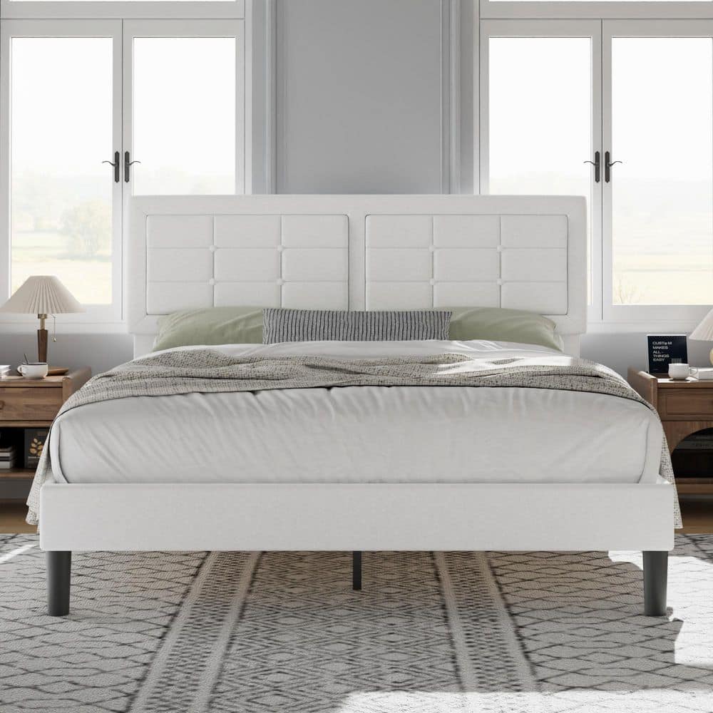 Upholstered Bed White Wood and Metal Frame Queen Platform Bed with Adjustable Headboard Bed Frame price history on PriceWatchPro