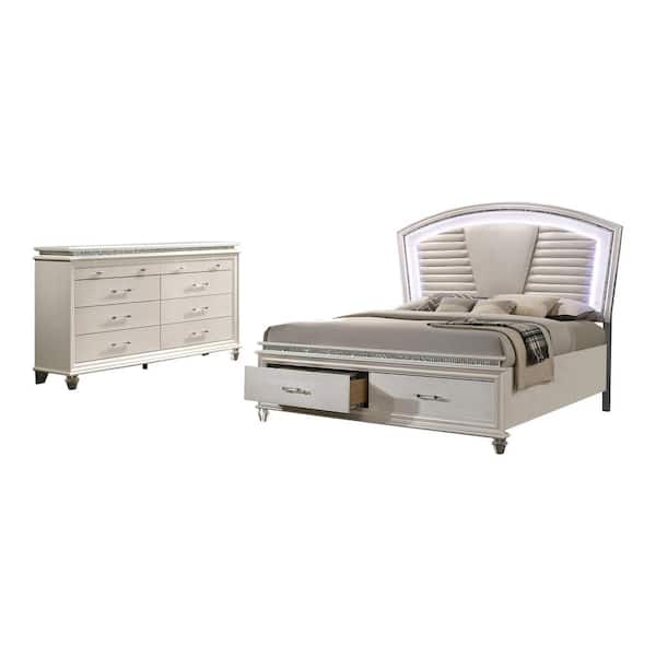 Furniture of America Litzler 2-Piece Pearl White Wood King Bedroom Set with 2-Foot Drawers and Dresser