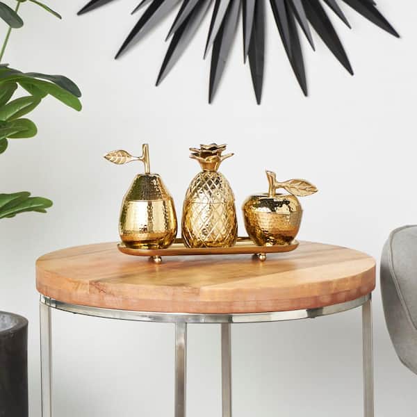 Litton Lane Gold Aluminum Fruit Decorative Jars with Matching Leaf Tray (Set of 4)