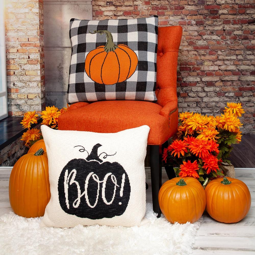 Orange and Black Plaid Pumpkin Square Cotton Throw Pillow