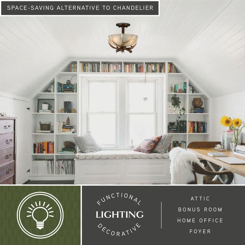 Rustic Antler 12" Black Walnut Semi-Flush Ceiling Light with Creme Glass