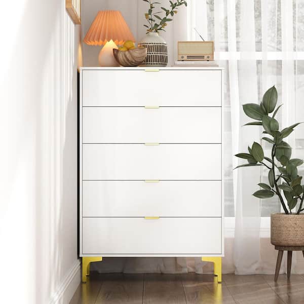 FUFU&GAGA White Mirror Finished 5 Drawers 31.4 in. W Nightstand, End Table, Chest of Drawers for Storage Golden Legs and Handle