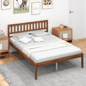 Brown Wood Frame Full Platform Bed Headboard Solid Wood Leg Mattress Foundation Walnut