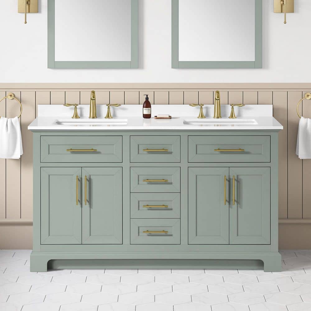 Doveton 60 in. Double Sink Sage Green Bath Vanity with White Engineered Sto