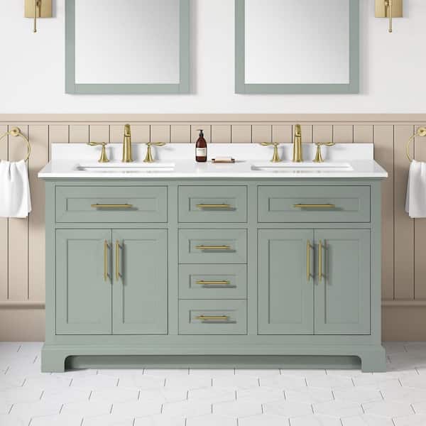Doveton 60 in. Double Sink Sage Green Bath Vanity with White Engineered Stone Top (Assembled)