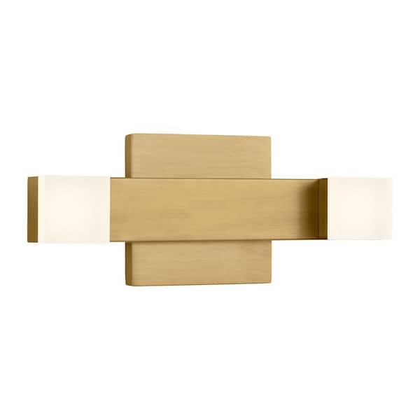SCOTT LIVING Brander 11.375 in. 2-Light Satin Brass LED Medium Vanity Light Bar with Frosted Acrylic Shades
