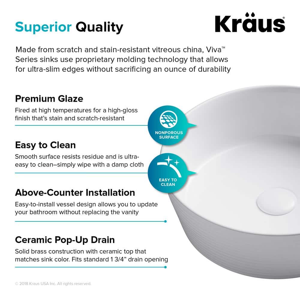 Viva Round White Ceramic Vessel Sink with Pop-Up Drain