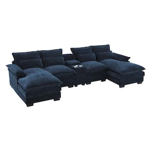 123 in. x 55 in. Pillow Top Arm Chenille U-Shaped 6-Seat Sofa with Console Cupholders USB Ports in Blue