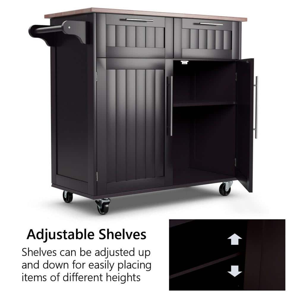 Brown Rubberwood Kitchen Cart with Storage and Casters