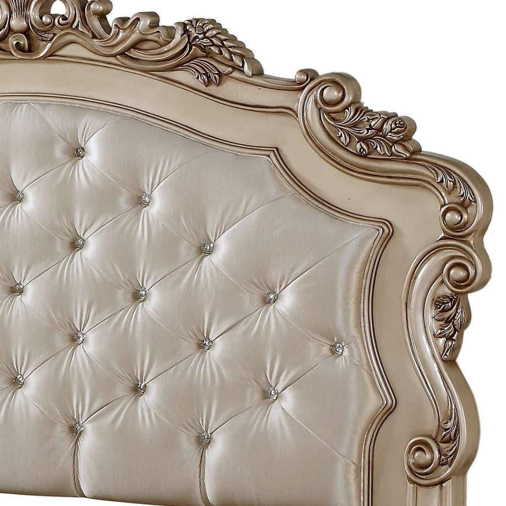 Antique White California King Upholstered Wood Bed with Tufted Headboard