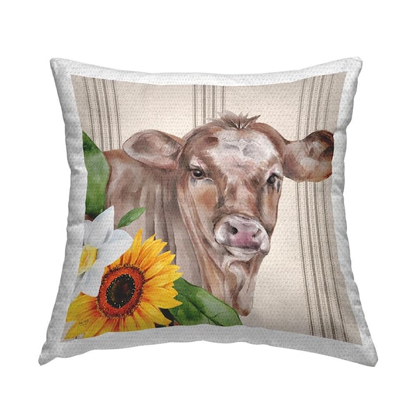 Stupell Industries Striped Country Cow Sunflowers Brown Square Outdoor Throw Pillow