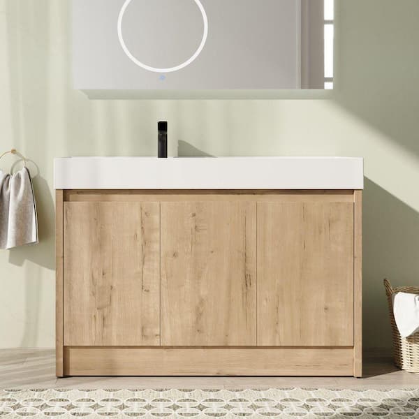 48 in. Freestanding Single Oak Bath Vanity with White Resin Top Unassembled